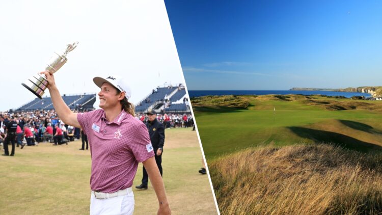 Split image of Cam Smith celebrating with the Claret Jug at The Open Championship in 2022 (L) and a general view of Royal Portrush in 2018 (R)