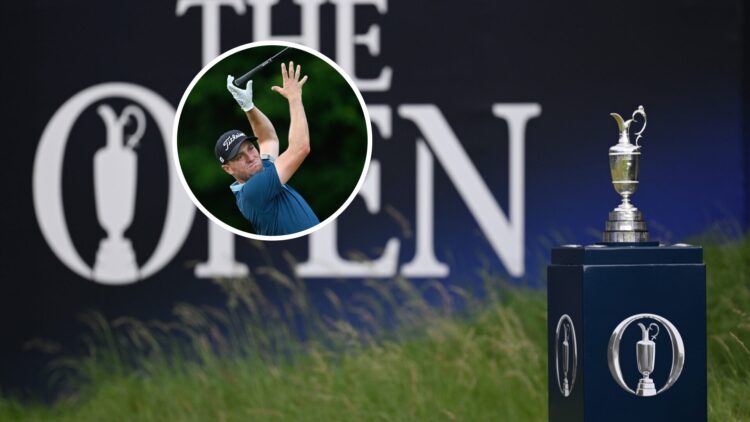 The Claret Jug trophy is seen during day one of The 153rd Open Championship at Royal Portrush / Justin Thomas reacts after a poor drive during roun...