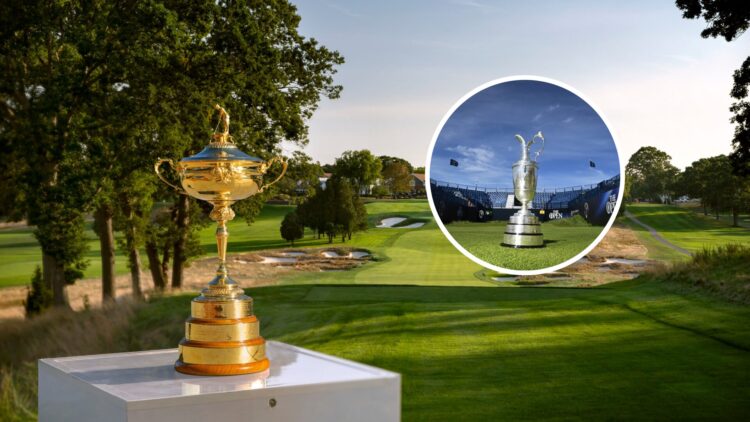 The Ryder Cup trophy is seen at the Bethpage Black Course ahead of the 2025 matchup between Team USA and Europe / The Claret Jug on display at Roya...