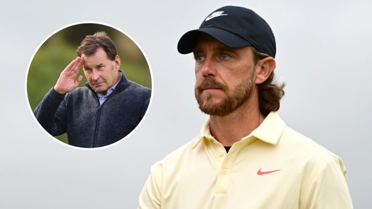 Tommy Fleetwood looks on during The Open Championship 2025, inset Sir Nick Faldo salutes at the 2024 British Masters