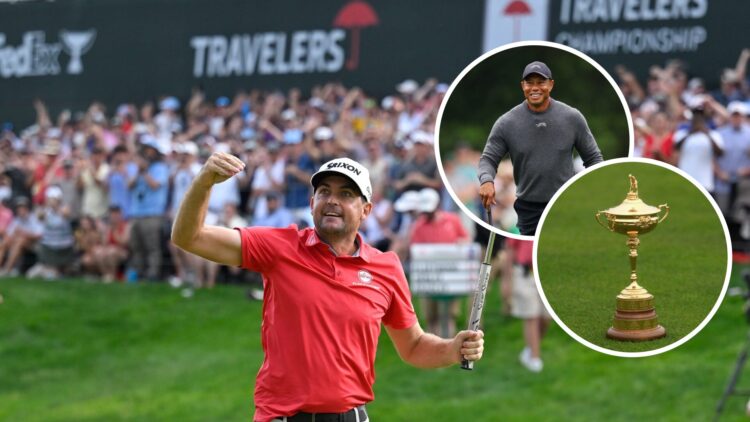 Keegan Bradley celebrates after winning the Travelers Championship / Tiger Woods in action during the 2024 Masters / / The Ryder Cup trophy picture...