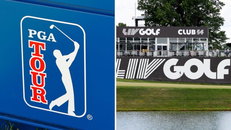 PGA Tour logo during the Travelers Championship at TPC River Highlands / LIV Golf signage ahead of the LIV Golf Invitational Series Bedminster