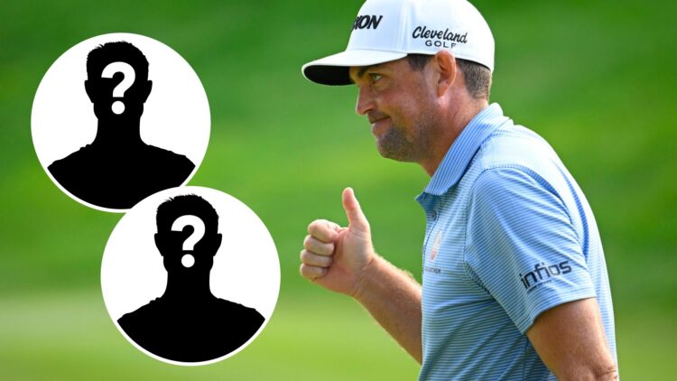 Keegan Bradley acknowledges the crowd in round three of the 2025 Travelers Championship, inset two mystery players