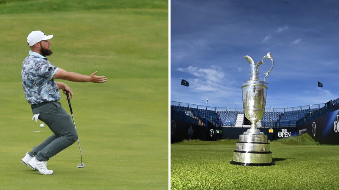 Tyrrell Hatton reacts to a missed putt during the first round of The Open Championship / The Claret Jug on display at Royal Portrush Golf Club
