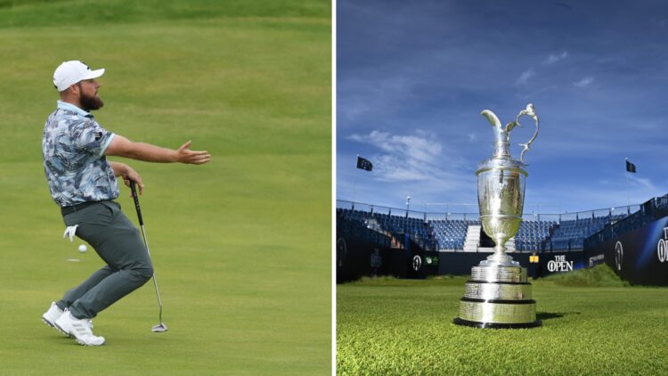 Tyrrell Hatton reacts to a missed putt during the first round of The Open Championship / The Claret Jug on display at Royal Portrush Golf Club