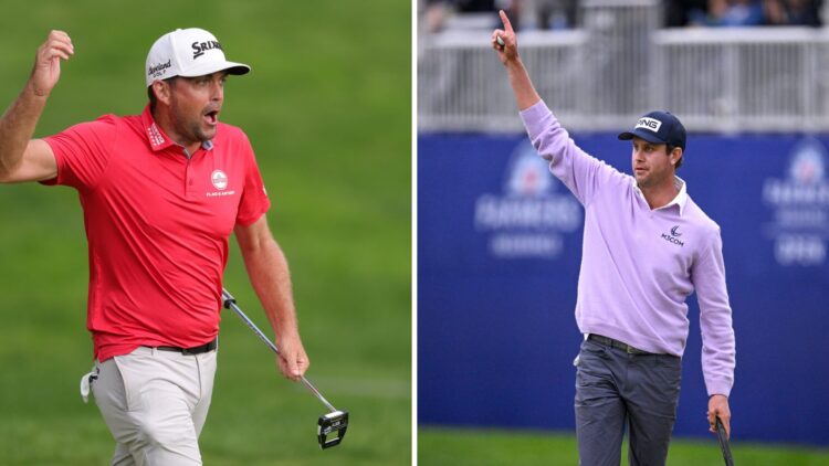 Keegan Bradley celebrates his winning putt on 18 at The Travelers / Harris English celebrates after winning the Farmers Insurance Open 2025