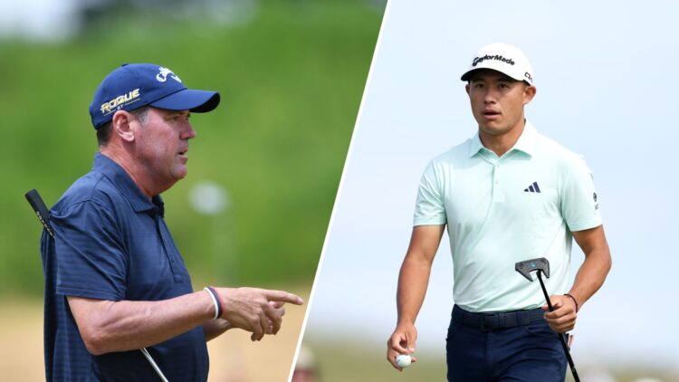 Split image of Rich Beem playing at The Senior Open 2022 (L) and Collin Morikawa playing at the 2025 Scottish Open (R)