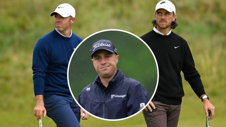 An image of Rory McIlroy and Tommy Fleetwood at The Open with an overlay of Justin Thomas