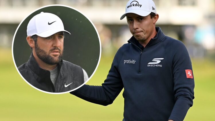 Matt Fitzpatrick at The Open with inset of Scottie Scheffler headshot