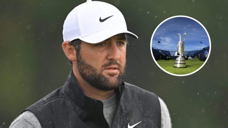 Scottie Scheffler standing on the 12th tee box during round one of The Open Championship / The Claret Jug on display at Royal Portrush Golf Club