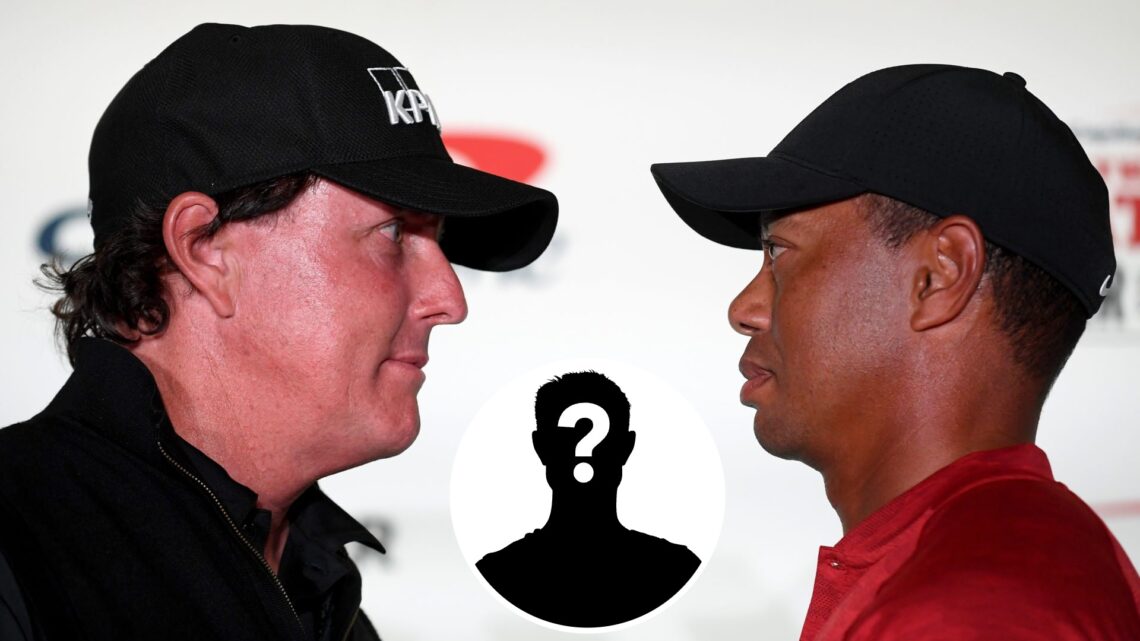 Tiger Woods and Phil Mickelson face off before The Match in 2018, inset of a mystery player
