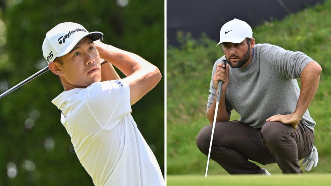 Collin Morikawa hits a tee shot during the third round of the Travelers Championship / Scottie Scheffler lines up a putt on the final hole during t...