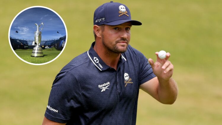Bryson DeChambeau acknowledges the crowd on the 18th green during day two of The 153rd Open Championship / The Claret Jug on display at Royal Portr...