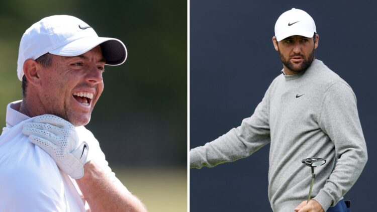 Scottie Scheffler looks on during a practice round prior to The Open Championship / Rory McIlroy laughs during the Genesis Scottish Open 2025