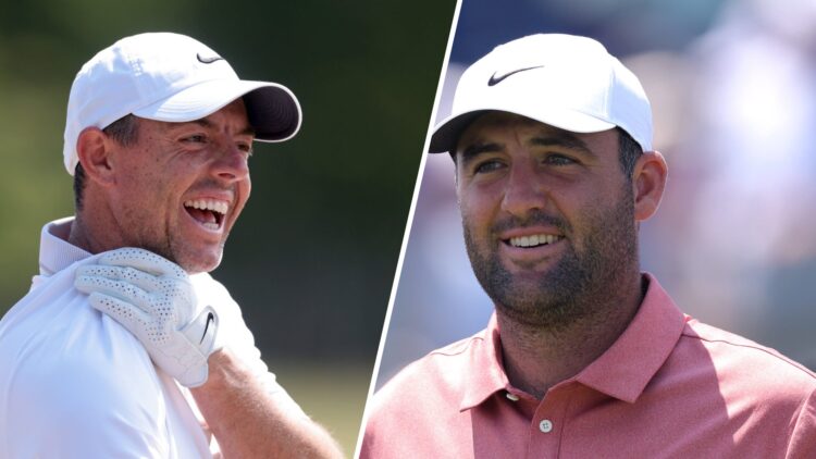 A split image of PGA Tour golfers Rory McIlroy and Scottie Scheffler