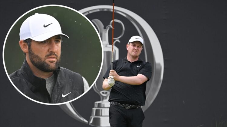 An image of Robert MacIntyre playing golf at The Open with an overlay of Scottie Scheffler