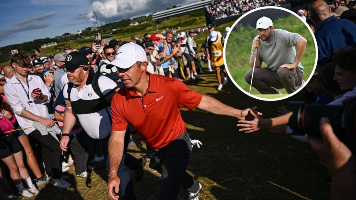 Rory McIlroy cheered on by the crowds during round three of The Open / Scottie Scheffler lines up a putt on the final hole during the first round a...