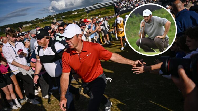 Rory McIlroy cheered on by the crowds during round three of The Open / Scottie Scheffler lines up a putt on the final hole during the first round a...