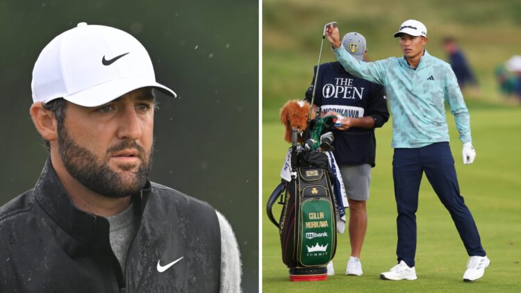 Scottie Scheffler standing on the 12th tee box during round one of The Open Championship / Collin Morikawa and his caddie Billy Foster on the 15th ...