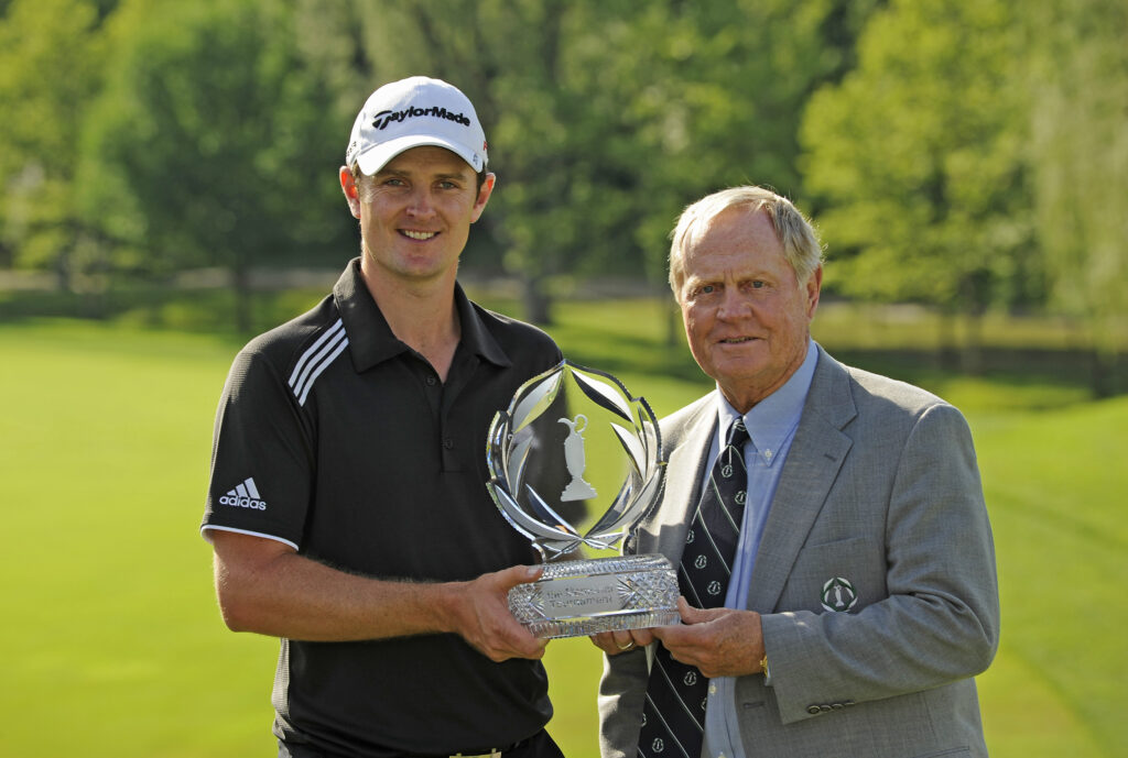Justin Rose holds the Memorial Tournament trophy with Jack Nicklaus
