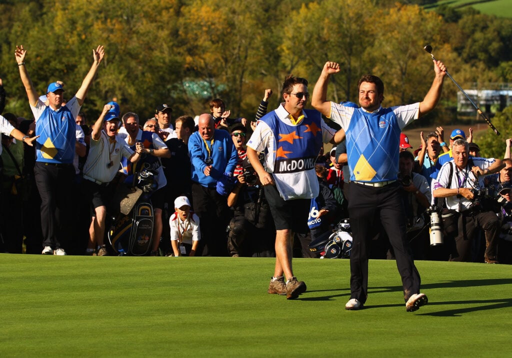Graeme Dowell celebrates winning the point to seal the 2010 Ryder Cup for Europe