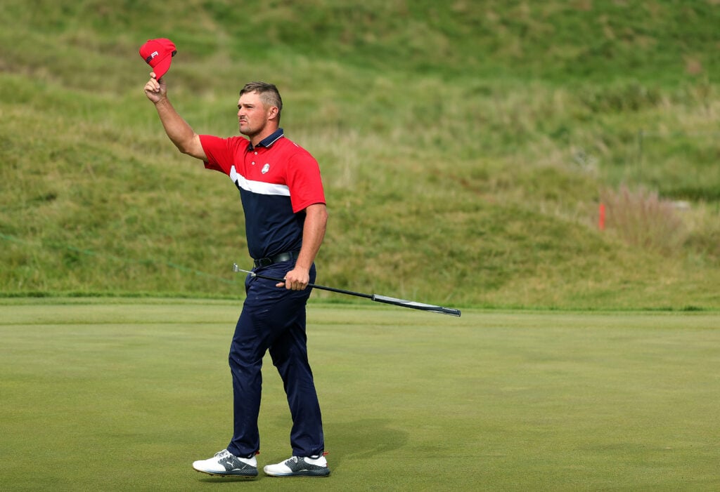 Bryson DeChambeau acknowledges the crowd during the Sunday singles at the 2021 Ryder Cup