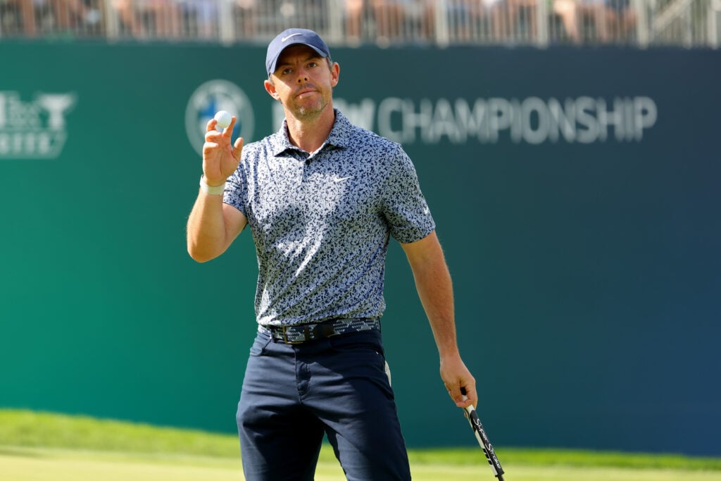 Rory McIlroy acknowledges the crowd during round one of the BMW Championship in 2023