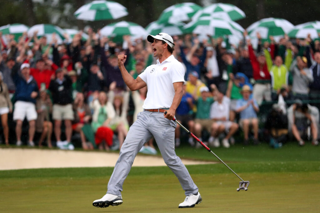 Adam Scott celebrates holing the putt to win The Masters in 2013