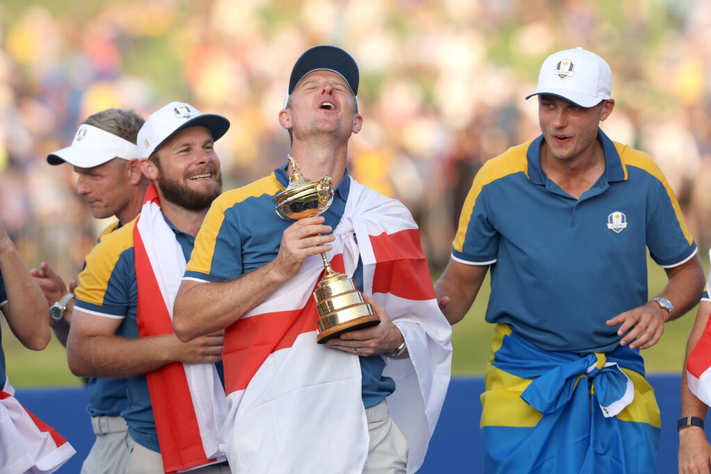 Justin Rose holds the Ryder Cup trophy after Europe's win in 2023