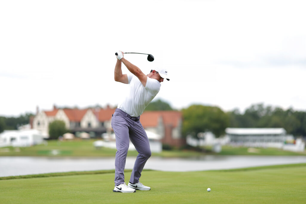 Rory McIlroy hits a tee shot during the second round of the 2024 Tour Championship