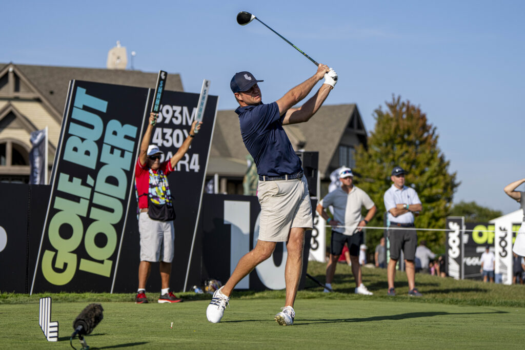 Hudson Swafford hits a tee shot during the first round of LIV Golf Chicago