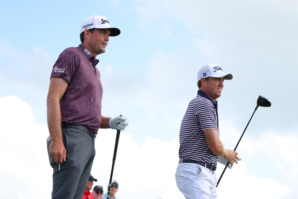 Justin Thomas and Keegan Bradley on the seventh tee during the third round of the Hero World Challenge 2024 at Albany Golf Course