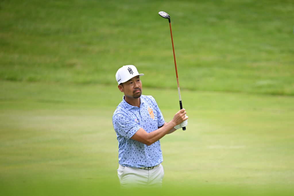 Kevin Na hits an approach shot during the first round of LIV Golf Virginia