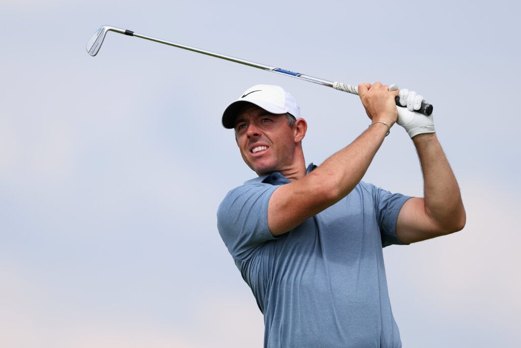 Rory McIlroy hits a tee shot during the final round of The Open Championship at Royal Portrush