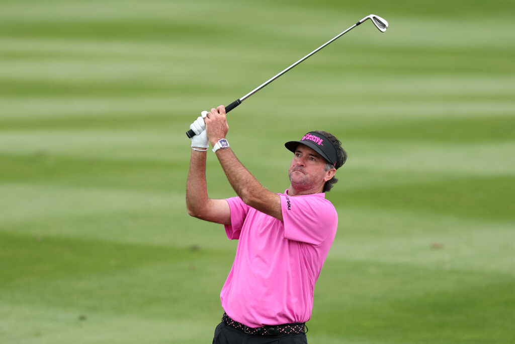 Bubba Watson hits an approach shot during the final round of LIV Golf UK at JCB