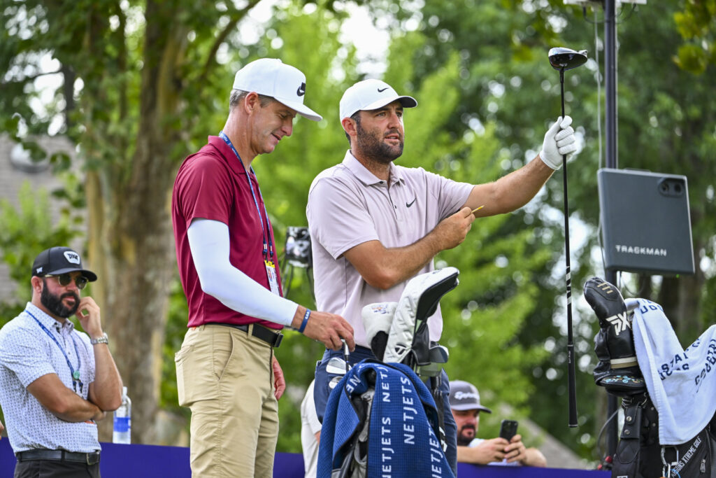 Scottie Scheffler prepares to hit a tee shot in a practice round at TPC Southwind ahead of the FedEx St. Jude Championship