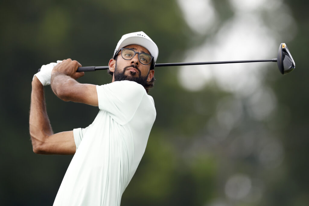 Akshay Bhatia hits a tee shot during the second round of the Wyndham Championship