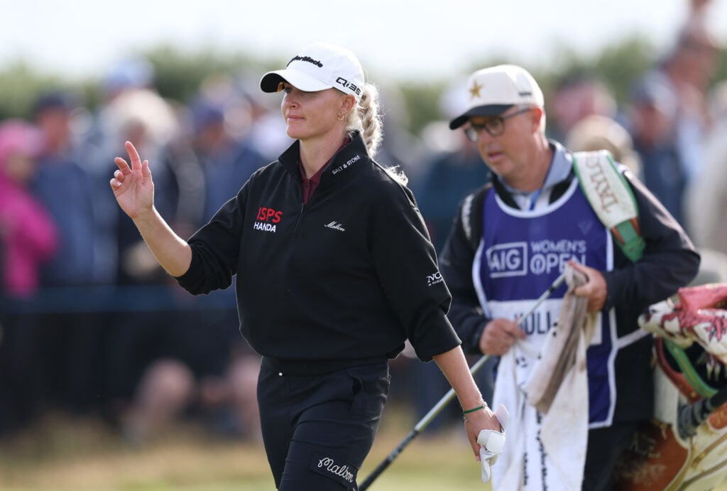 Charley Hull acknowledges the crowd on the final hole at the AIG Women's Open at Royal Porthcawl