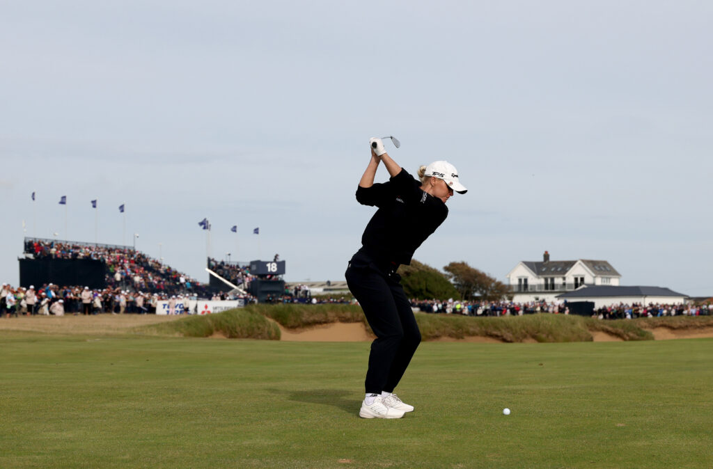 Charley Hull plays an approach shot on the final hole at the AIG Women's Open at Royal Porthcawl