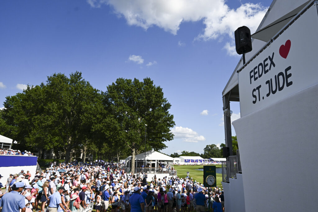 FedEx loves St. Jude sign at the 18th green during the third round of FedEx St. Jude Championship at TPC Southwind