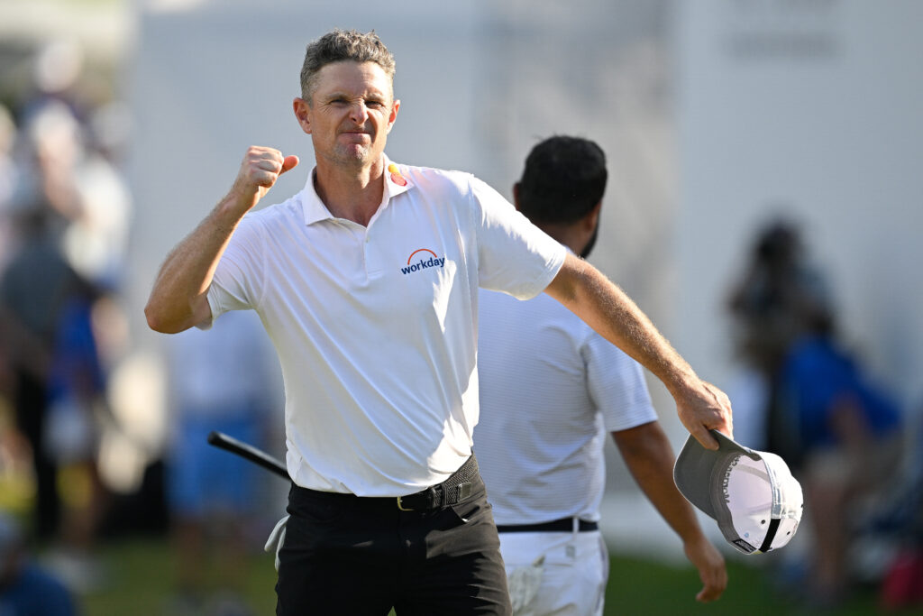 Justin Rose celebrates on the 18th green at TPC Southwind during a playoff with J.J. Spaun at the FedEx St. Jude Championship