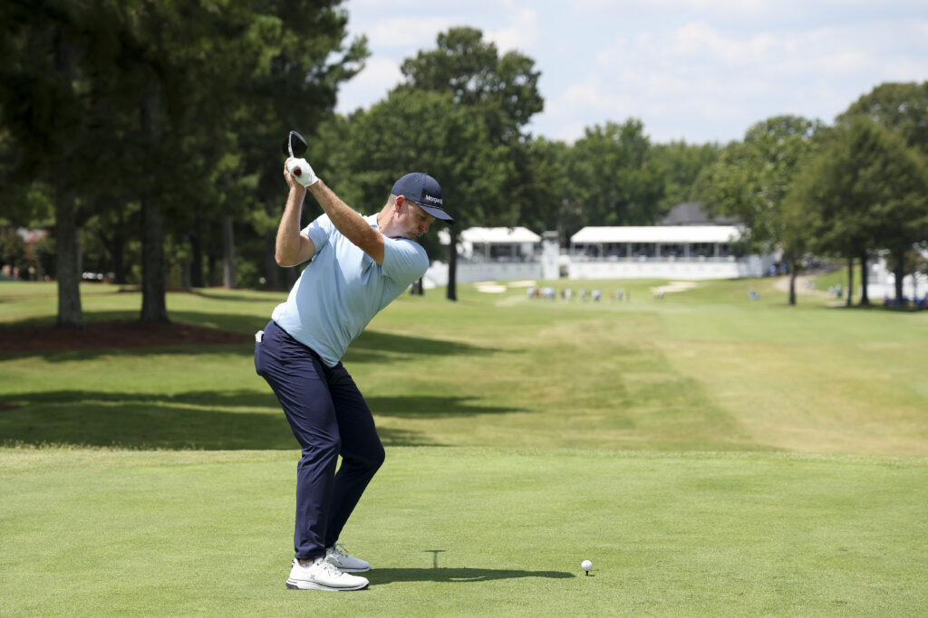 Justin Rose hits a tee shot during the opening round of the FedEx St. Jude Championship