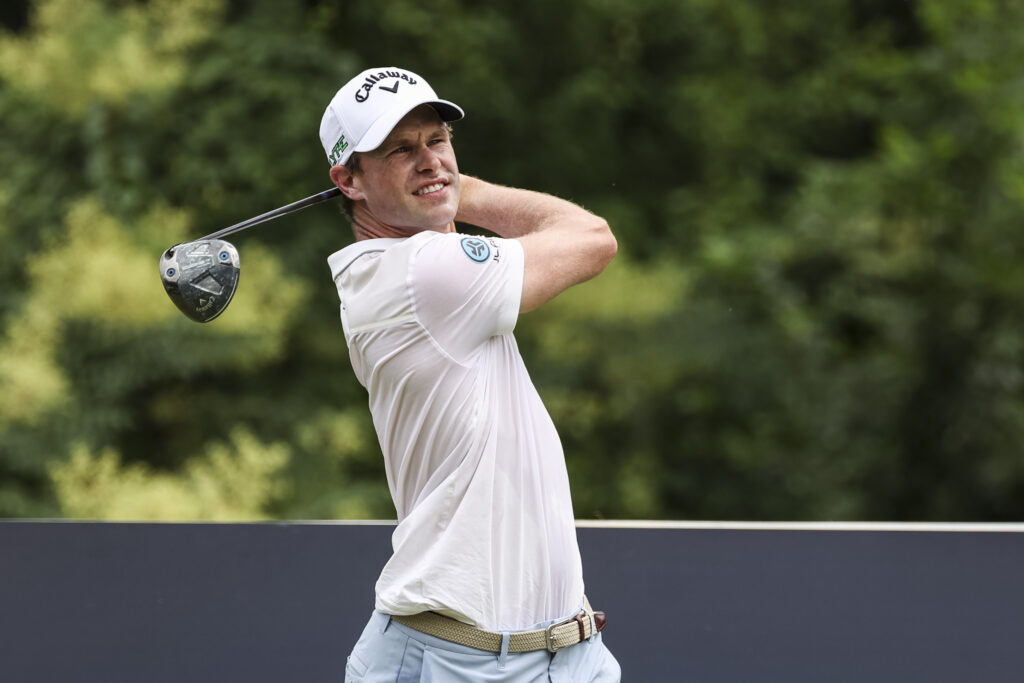 Thomas Detry hits a tee shot during a practice round ahead of the BMW Championship