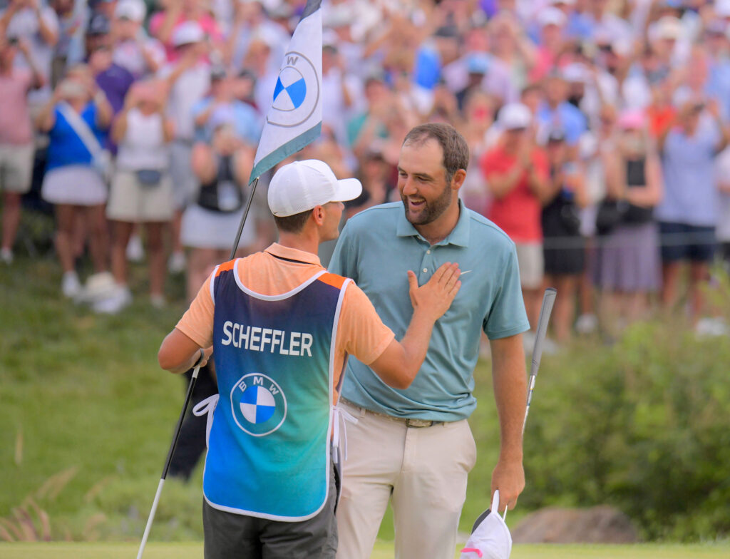 Scottie Scheffler celebrates winning the BMW Championship at Caves Valley