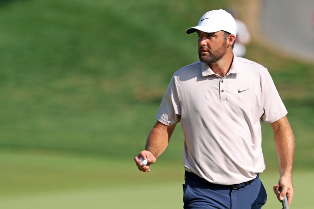 Scottie Scheffler acknowledges the crowd during the third round at the BMW Championship at Caves Valley