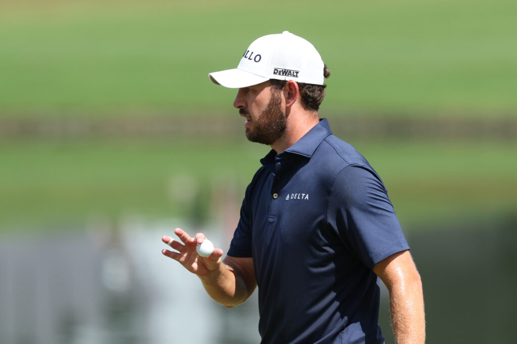 Patrick Cantlay acknowledges the crowd during the final round of the Tour Championship