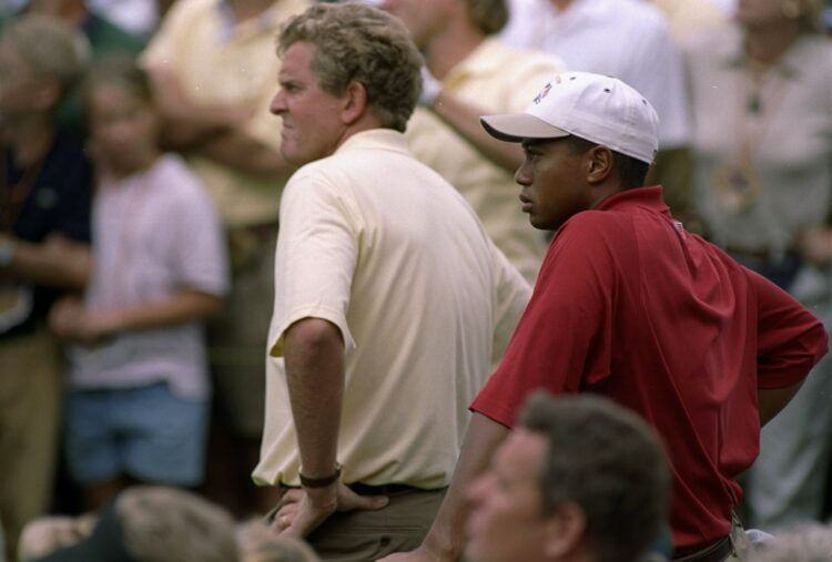 26 Sep 1997:  Tiger Woods, right, stands with Colin Montgomerie during the Ryder Cup at the Valderrama Country Club in Spain. Mandatory Credit: Cra...