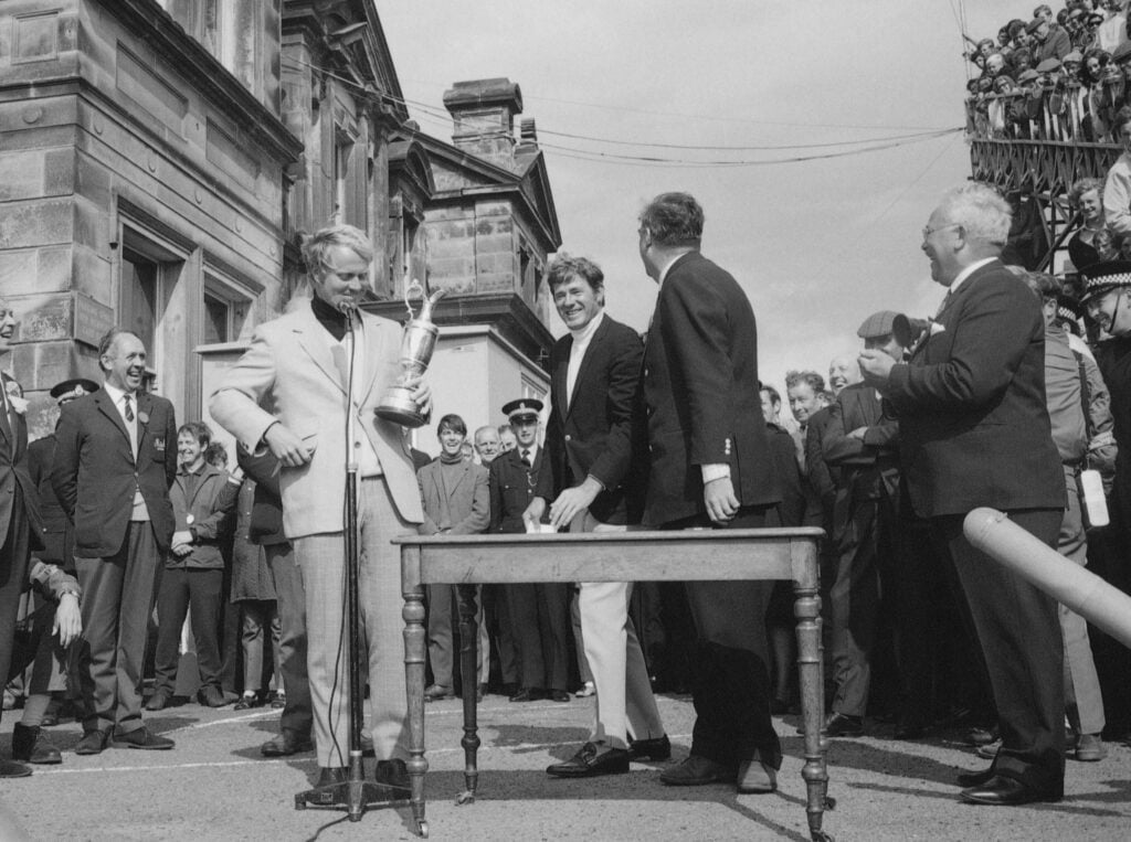 Jack Nicklaus holds the trophy after winning the 1970 Open Championship