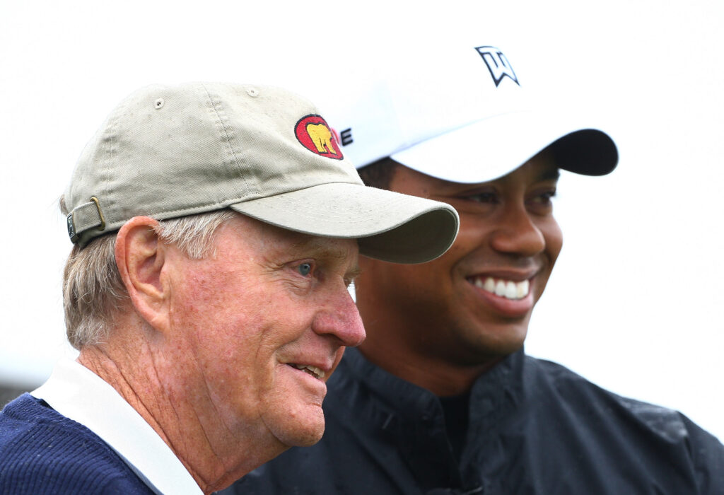 Jack Nicklaus and Tiger Woods on the tee during a skins game ahead of The Memorial Tournament in 2009