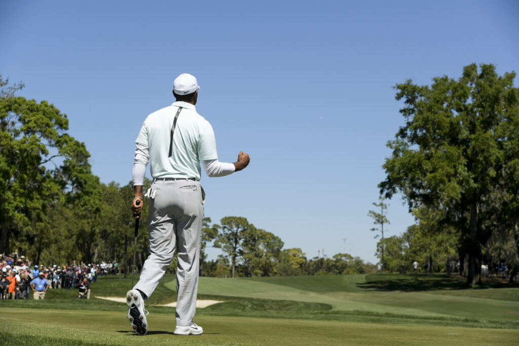 Tiger Woods celebrates his par putt during the second round of the 2018 Valspar Championship